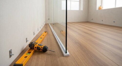 A photorealistic close-up of a glass shower screen being installed on a plasterboard wall with expansion anchors, showing a drill and level tool nearby. The floor is floating laminate wood. Natural ba