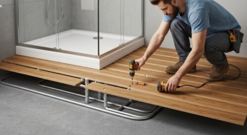 Photorealistic close-up of a bathroom with a walk-in shower enclosure being installed on a floating wood floor. A worker is carefully drilling into the floor between the planks, using a stud finder to