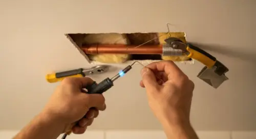 A close-up, photorealistic image of a professional plumber's hands working on a copper pipe repair inside a small hole cut in a white plaster false ceiling. The hands are holding a soldering torch and