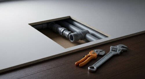 Photorealistic image of a section of a drop ceiling made of plasterboard, with a square cutout revealing gray polybutylene pipes and a compression fitting repair in progress, tools like a cutter and w