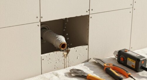 A close-up, photorealistic image of a damaged PPR pipe embedded in a gypsum board wall, with a small rectangular opening cut in the drywall exposing the pipe. Water droplets are visible on the pipe an