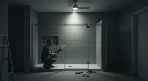 A realistic photo of a modern bathroom with a glass shower enclosure being installed, showing a worker applying silicone sealant along the bottom profile on a vinyl floor. The ceiling is a white plast