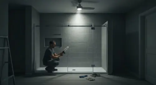 A realistic photo of a modern bathroom with a glass shower enclosure being installed, showing a worker applying silicone sealant along the bottom profile on a vinyl floor. The ceiling is a white plast