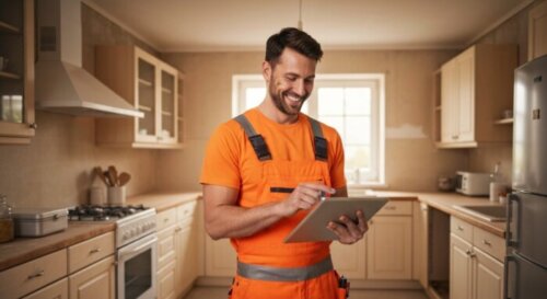 A construction worker in work clothes holding a tablet, smiling, with a digital budget form on the screen, in front of a partially renovated kitchen. Photorealistic, warm lighting, professional look.