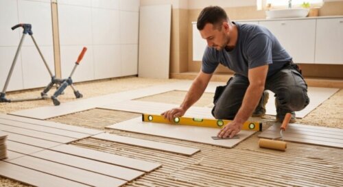 A realistic photo of a bathroom with underfloor heating installation in progress, showing a worker placing vinyl flooring tiles over a heated screed. The scene includes a level, adhesive trowel, and r