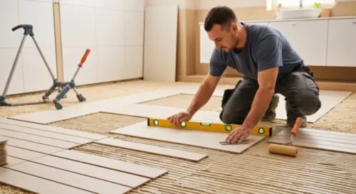 A realistic photo of a bathroom with underfloor heating installation in progress, showing a worker placing vinyl flooring tiles over a heated screed. The scene includes a level, adhesive trowel, and r