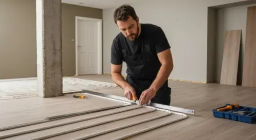 A professional installer cutting vinyl flooring with a utility knife and metal ruler, in a kitchen with irregular walls and a pillar. The floor has underfloor heating pipes visible. Realistic, worksho