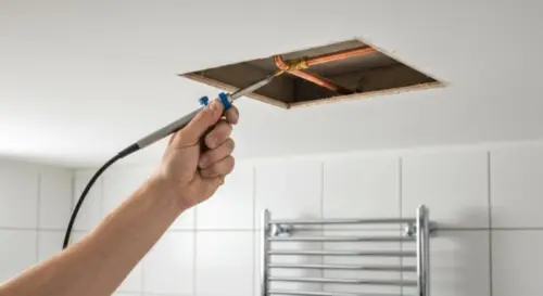 A close-up photorealistic image of a plumber's hands repairing a copper pipe inside a small access hole in a plasterboard ceiling. The hands are holding a propane torch and soldering the pipe joint. T
