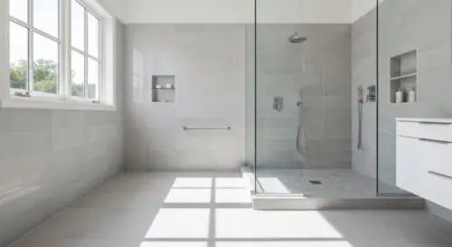 A realistic close-up photo of a bathroom floor made of porcelain tiles, with a marked area indicating where to drill for a shower screen installation. A thermal imaging camera is visible showing warm
