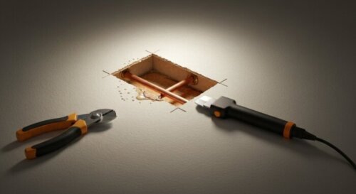 A realistic photo of a ceiling with a small square cutout exposing a copper pipe with a leak, tools like a cutter and endoscope nearby, soft lighting, DIY repair scene.