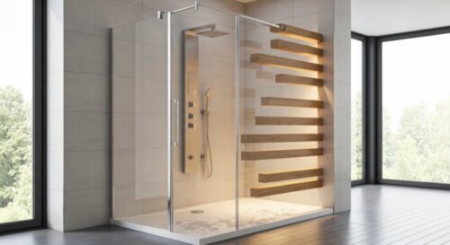 Photorealistic close-up of a shower enclosure installation on a bathroom floor with floating wooden planks and underfloor heating. The shower tray is slightly raised, with a metal profile sealing the
