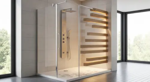 Photorealistic close-up of a shower enclosure installation on a bathroom floor with floating wooden planks and underfloor heating. The shower tray is slightly raised, with a metal profile sealing the