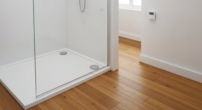 Instalar mampara en baño con tarima flotante y calefacción radiante
