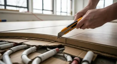 Photorealistic close-up of a bathroom floor installation, showing a vinyl plank being cut with a utility knife along a curved template made of cardboard. The floor has underfloor heating pipes visible