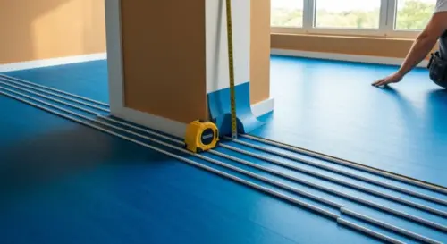 A realistic photo of a bathroom with an L-shaped floor plan, showing a worker installing vinyl flooring over a radiant heating system. The focus is on the corner where two walls meet, with a measuring