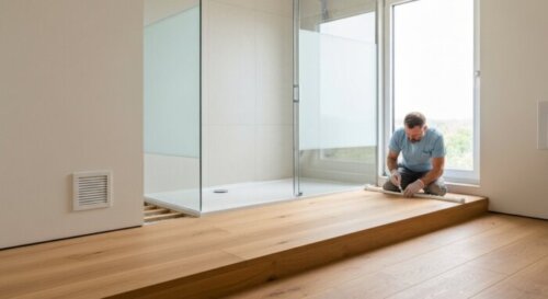 Realistic photo of a bathroom with a floating wood floor and a glass shower enclosure being installed. A worker is applying silicone sealant along the bottom edge of the shower tray where it meets the