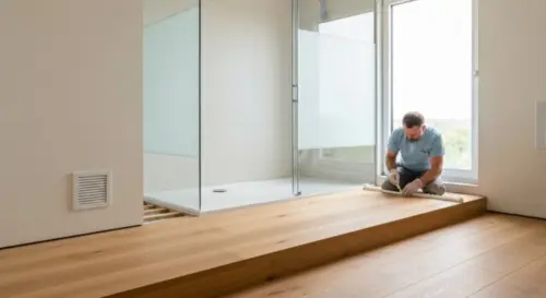 Realistic photo of a bathroom with a floating wood floor and a glass shower enclosure being installed. A worker is applying silicone sealant along the bottom edge of the shower tray where it meets the