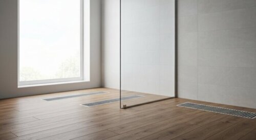 A modern bathroom with a frameless glass shower screen installed on a floating wood floor. The screen is held by hidden wall anchors, no bottom profile. The floor shows a warm wood texture with underf