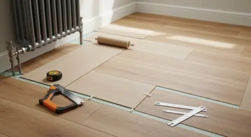 A realistic photo of a bathroom with an L-shaped floor plan, showing vinyl flooring being installed with a roller, near a radiator or heating pipes visible in the floor. Tools like a cutter, measuring