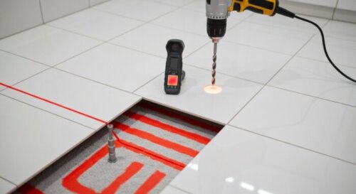 A photorealistic close-up of a bathroom floor with porcelain tiles, showing a drill with a specialized bit stopped just above the surface, with a thermal imaging camera nearby and a marked line indica