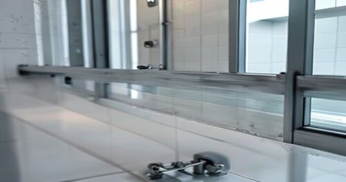 Close-up of a craftsman leveling an aluminum top rail for a glass sliding door on a white drywall partition, in a modern bathroom with tiled floor, underfloor heating pipes visible in a thermal imagin