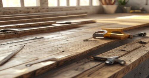 Close-up of a wooden concrete countertop formwork on a worktable, with silicone seals, measuring tape, hammer, and tools around, natural lighting, realistic texture of wood and smooth interior surface