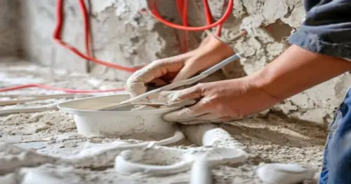 A close-up of a worker's hands carefully applying white flexible filler into a joint on a wall with exposed red heating wires embedded in the plaster, trowel and bucket nearby, soft natural lighting,