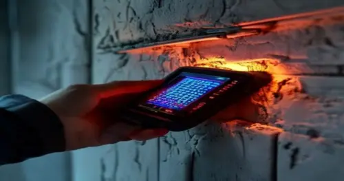 Close-up of a hand holding a professional digital stud finder against a kitchen wall, with thermal camera display glowing red and blue, revealing hidden radiant heating pipes beneath plasterboard. Pho
