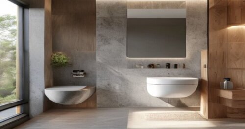 Small modern bathroom with a floating under-sink cabinet made of smooth gray microcement, wall-hung toilet, large mirror, bright natural light, wooden accents, and minimal decoration, photorealistic.