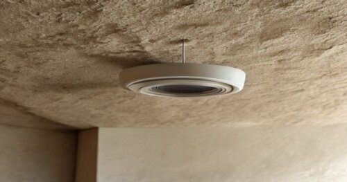 A photorealistic close-up of a bathroom ceiling made of plasterboard with a modern silent extraction fan installed, showing the mounting bracket, flexible aluminum duct partially visible, and a tube o