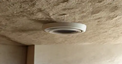 A photorealistic close-up of a bathroom ceiling made of plasterboard with a modern silent extraction fan installed, showing the mounting bracket, flexible aluminum duct partially visible, and a tube o