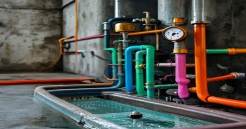 Close-up view of a manifold for radiant floor heating with multiple colored pipes, a clear plastic hose attached to the drain valve, and a bucket below to collect water, in a boiler room with concrete