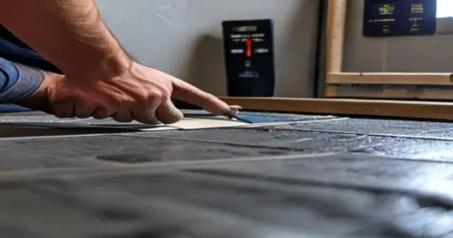 Close-up of a professional installer's hands using a notched trowel to spread adhesive on a subfloor with underfloor heating pipes visible, vinyl planks stacked in the background, a thermostat on the