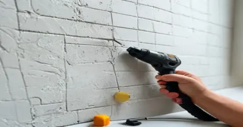 Close-up of a hand using a digital metal detector on a white plasterboard wall with subtle wall heating system, a power drill with drill bit sits on the floor, bright workshop lighting