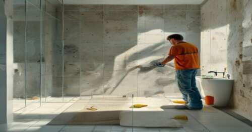 A bright modern bathroom during renovation, a worker in casual clothes using a stud finder on a plasterboard wall, a glass shower panel leaning nearby, ceramic floor tiles with underfloor heating pipe
