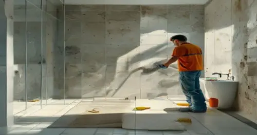 A bright modern bathroom during renovation, a worker in casual clothes using a stud finder on a plasterboard wall, a glass shower panel leaning nearby, ceramic floor tiles with underfloor heating pipe