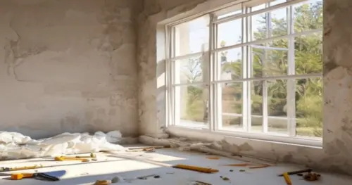 A close-up photorealistic image of a partially installed PVC window frame in a plasterboard wall, showing metal reinforcements and insulation foam being applied. Tools and a pre-frame on the floor nea