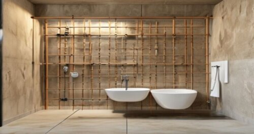 Photorealistic image of a half-finished bathroom wall framework made of metal studs and OSB boards, with a Geberit concealed cistern and carrier frame mounted and leveled. A plumber is connecting the
