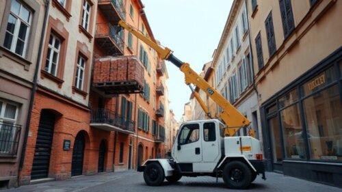 A compact mini crane truck parked on a narrow cobblestone street, lifting a pallet of construction bricks through an open window of a multi-story apartment building in a European old town, clear dayli
