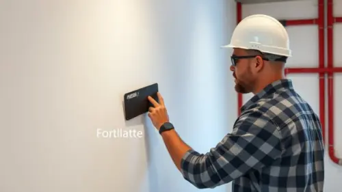A construction worker with a trowel applying smooth white plaster onto a wall with visible red radiant heating pipes embedded in the background, gentle lighting, photorealistic, no text
