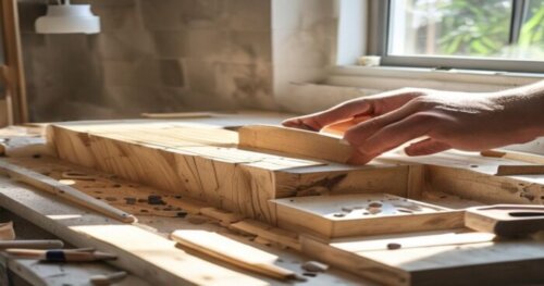 Close-up of hands building a wooden formwork for a concrete shower bench, with visible integrated slope, waterproofing membrane applied, construction tools scattered, bathroom under renovation, natura