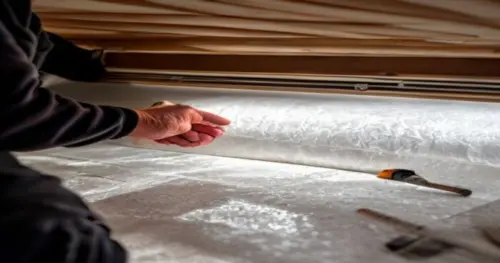 Close-up realistic image of hands installing reflective insulation inside a roller shutter box in a drywall wall. The person is placing a foil-faced foam board and sealing joints with aluminum tape, t