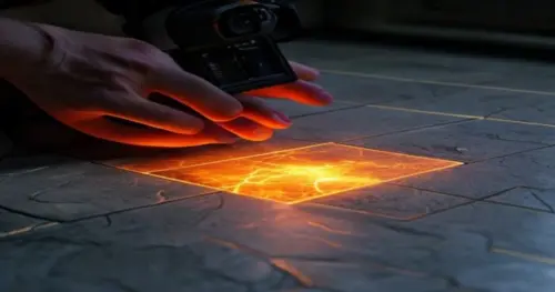 Photorealistic close-up of a thermal imaging camera screen displaying a glowing hot spot on a ceramic tile floor, with the outline of underfloor heating pipes faintly visible. The hands of a technicia