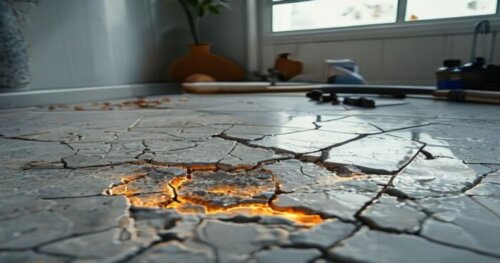 Close-up of a damaged expansion joint in a porcelain tile floor with visible cracks and dried old filler, a thermal camera display next to it showing radiant heating pipes glowing underneath the tiles