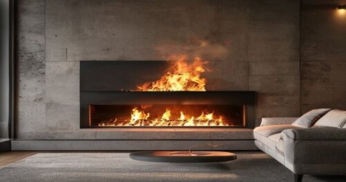 Photorealistic living room featuring a modern wall-mounted bioethanol fireplace on a plasterboard wall, a sleek steel panel behind it providing thermal protection, the fireplace lit with dancing flame