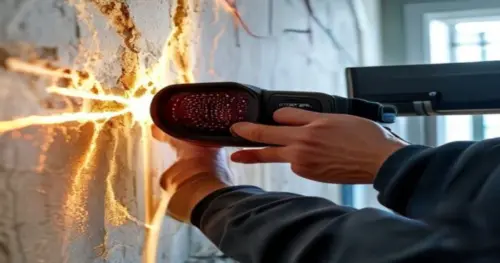 Close-up of a technician's hand using a thermal camera to scan a plasterboard wall, with visible heat traces of radiant heating pipes, bright colors on the display, realistic home setting, no text or