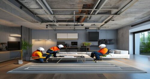 Photorealistic image of a modern living room with underfloor heating and a false ceiling under construction, showing insulated ventilation ducts and a VMC unit being installed by two workers in safety