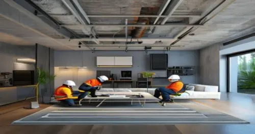 Photorealistic image of a modern living room with underfloor heating and a false ceiling under construction, showing insulated ventilation ducts and a VMC unit being installed by two workers in safety