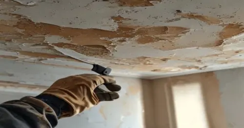 Photorealistic close-up of a damaged plaster false ceiling with a brown water stain and peeling paint, a worker's hand in a protective glove holding a utility knife to cut out a rectangular section, r