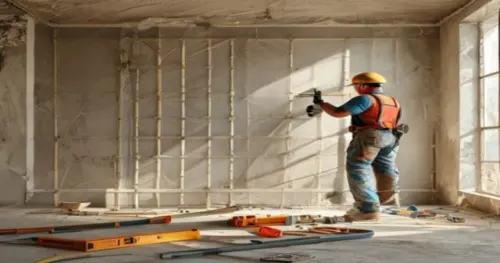A construction worker installing resilient metal channels on a drywall frame, holding a power drill, with level and tools on the floor, in a room under renovation, natural lighting, realistic texture.